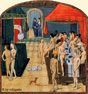 Badehaus mit angeschlossenen Bordellräumen im Paris des 15. Jahrhunderts.