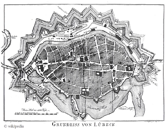 Grundriss von Lbeck mit Befestigungsanlage um 1787 - letzter und grsster Ausbaustand der Befestigungsanlage    -    Fr eine grere Darstellung auf das Bild klicken.
