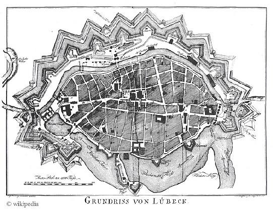 Grundriss von Lbeck mit Befestigungsanlage um 1787 - letzter und grsster Ausbaustand der Befestigungsanlage    -    Fr eine grere Darstellung auf das Bild klicken.