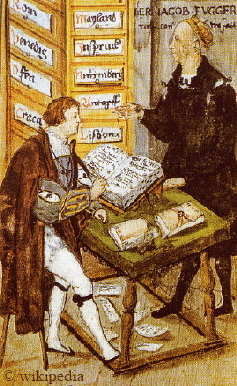 Jakob Fugger (rechts im Bild stehend) mit seinem Hauptbuchhalter Matthus Schwarz um das Jahr 1517 in seinem augsburger Stammkontor. Jakob Fugger lie eigens fr sich eine gesonderte Arbeitskammer einrichten, die als ,,Goldene Schreibstube" bekannt wurde.  -  Mehr Informationen auf unserer Seite ,,Das Fuggerimperium"  -  HIER KLICKEN.