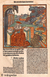 Luebecker Bibel von 1494 -  Vorwort des Hieronymus mit Holzschnitt    -   Für eine größere Darstellung klicken Sie bitte auf das Bild.