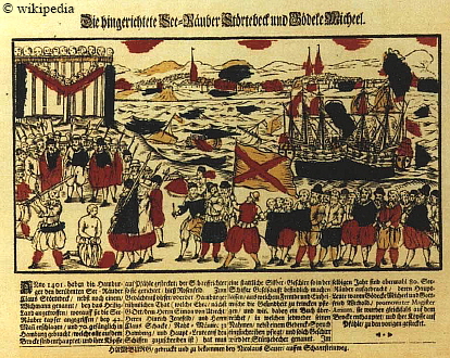 Oeffentliche Hinrichtung von Vitalienbruedern in Hamburg. Flugblatt von 1701, zum 300. Jahrestag der Hinrichtung Stoertebekers   -   Für eine größere Darstellung klicken Sie bitte auf das Bild.