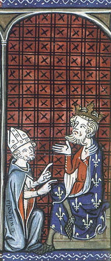 Philipp II. August empfängt einen päpstlichen Legaten. Illumination aus den Grandes chroniques de France, um 1335. (British Library, London)