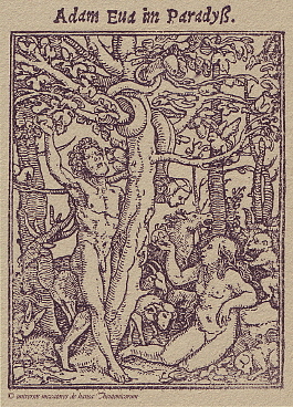 Der Sündenfall - Holzstich von Hans Holbein dem Jüngeren aus dem Jahre 1538.  Für eine größere Bilddarstellung klicken Sie bitte auf das Bild.