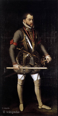 König Philipp II. von Spanien auf einem Porträt von Antonio Moro um 1557  -  für eine größere Bilddarstellung klicken Sie bitte auf das Bild.