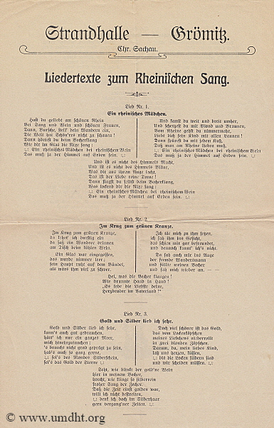 Strandhalle - Groemitz von Chr. Sachau - Liedertexte zum Rheinischen Sang, Vorderseite.