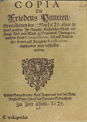 Titelblatt eines Druckes des Luebecker Frieden von 1629 - Für eine größere Bilddarstellung klicken Sie bitte auf das Foto Titelblatt eines Druckes des Luebecker Frieden von 1629 - Für eine größere Bilddarstellung klicken Sie bitte auf das Foto