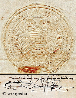 Unterschrift von Kaiser Rudolf II. und B�hmer Sekretsiegel von 1586  auf einem Dokument  -  F�r eine gr��ere Darstellung klicken Sie bitte auf das Foto.